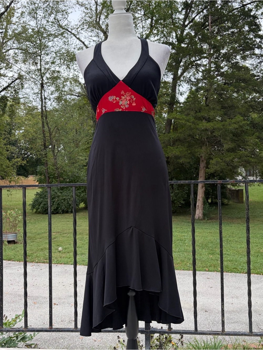 Vintage 90s Y2K Black Halter Neck Midi Dress Ruffle Party Womens Size Medium